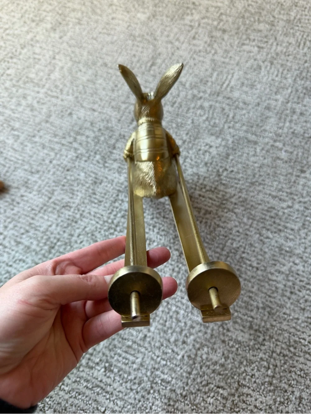 Anthropologie Skiing Hare Rabbit Wine Bottle Holder in Gold Brass